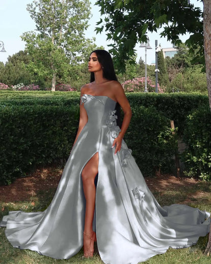 Elegant Straight Across Pink Split Sleeveless Handmade Flower Prom Dress YK0162