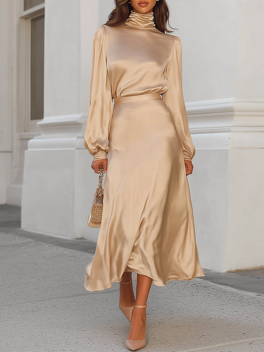 Champagne Satin Puff-sleeved Top And Skirt Set