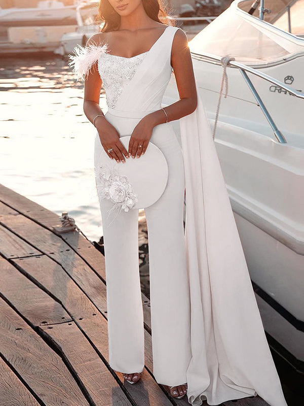 Shiny One-Shoulder Split-Joint Straight Leg Fashion Party Jumpsuit