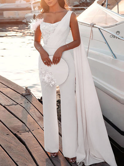 Shiny One-Shoulder Split-Joint Straight Leg Fashion Party Jumpsuit