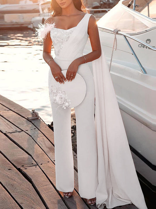 Shiny One-Shoulder Split-Joint Straight Leg Fashion Party Jumpsuit