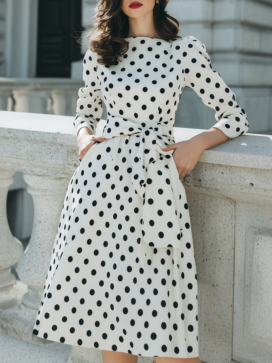 White Polka Dot Midi Dress With Bow Waist Detail