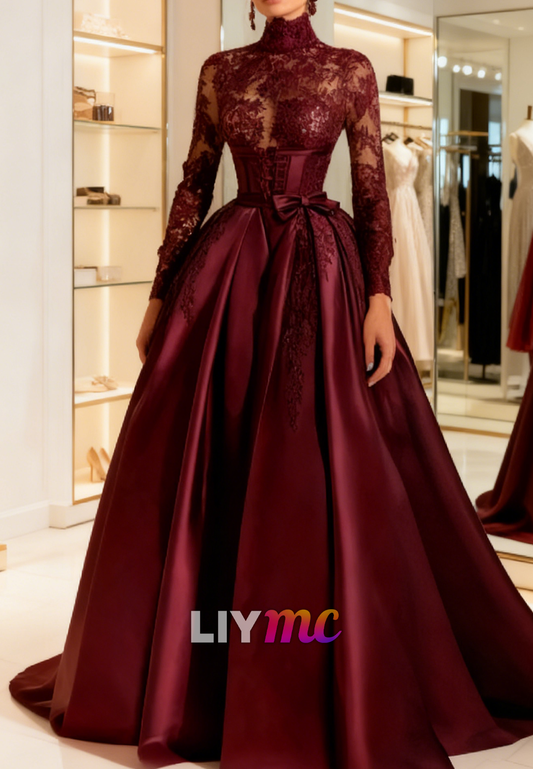 High Neck Long Sleeves Appliques A-Line Evening Dress