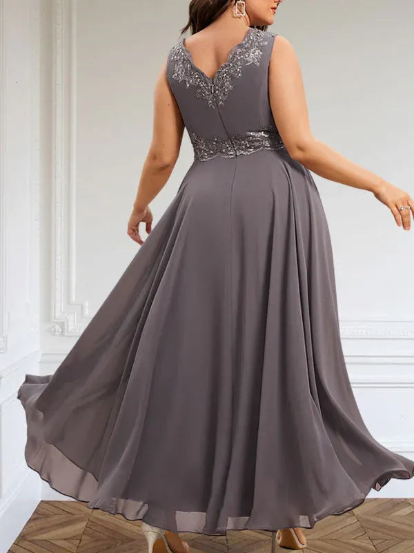 A-line V-Neck Ankle-Length Chiffon Mother of the Bride Dress With Sequins Appliques Lace Beading