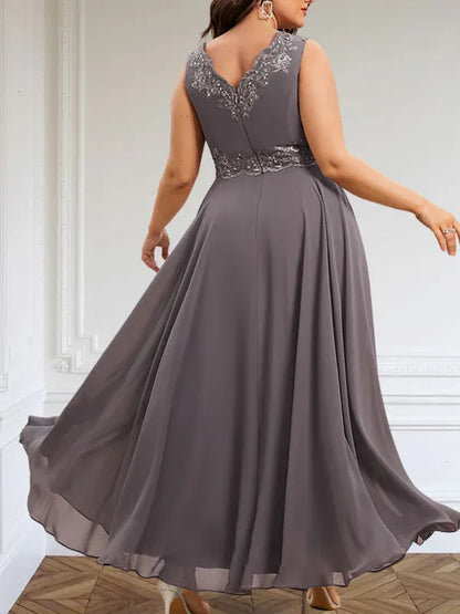 A-line V-Neck Ankle-Length Chiffon Mother of the Bride Dress With Sequins Appliques Lace Beading