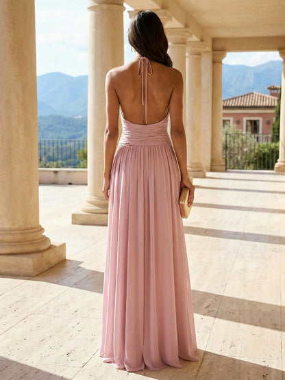 Dusty Pink Halter V-Neck Maxi Dress with 3D Flower Ruffle Chiffon Gown