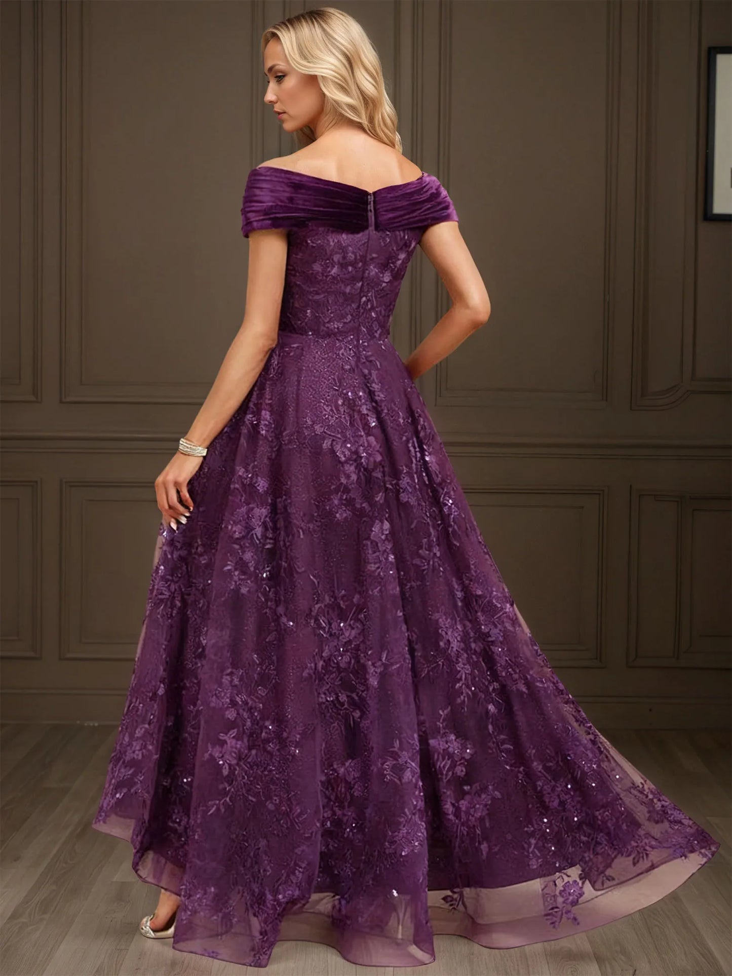 A-line Off the Shoulder Asymmetrical Velvet Lace Evening Dress With Pleated Sequins