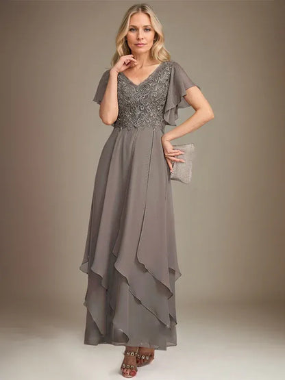 A-line V-Neck Ankle-Length Lace Chiffon Mother of the Bride Dress With Cascading Ruffles