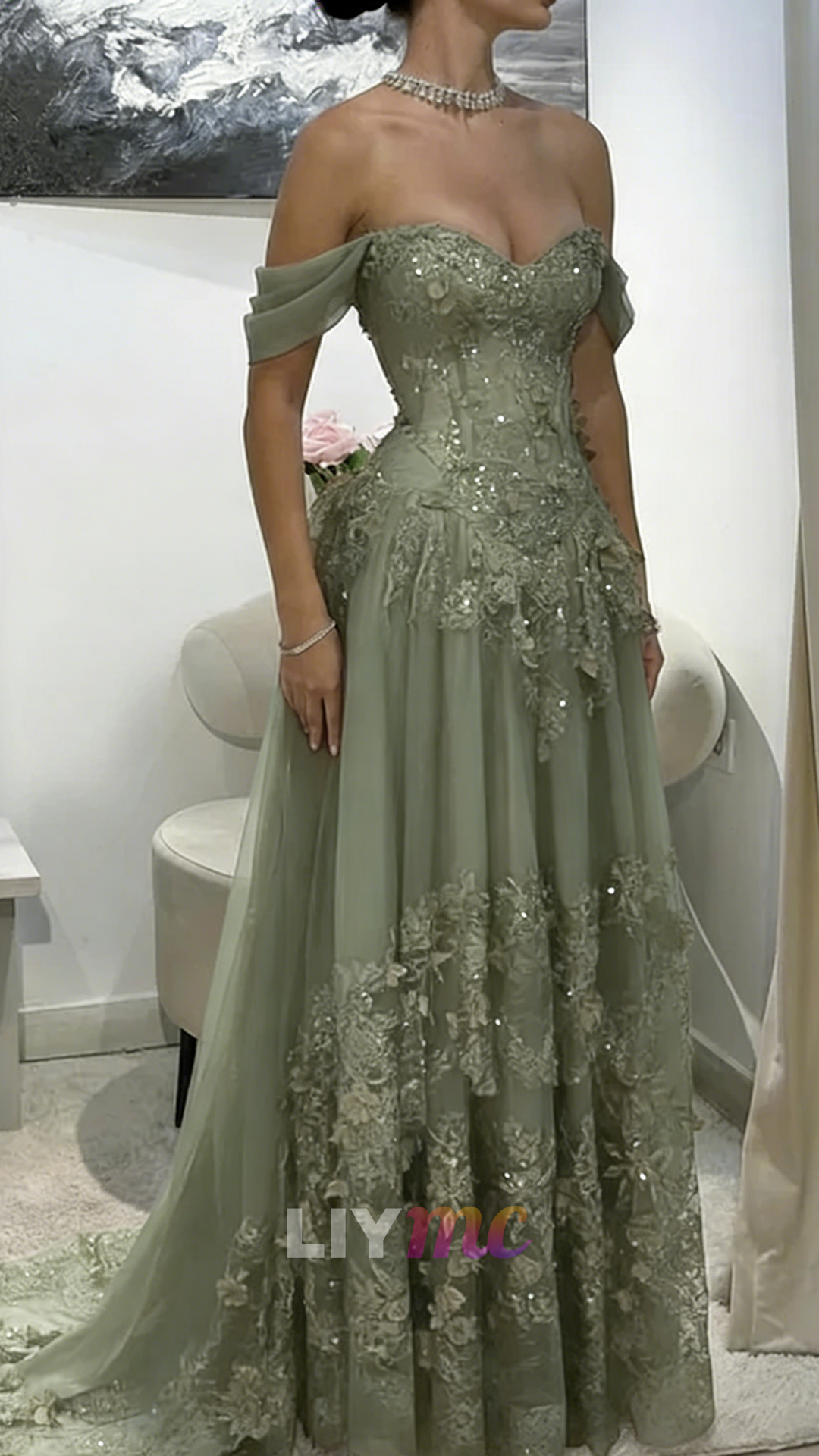 Off-Shoulder Appliques Tulle A-Line Corset Prom Dress