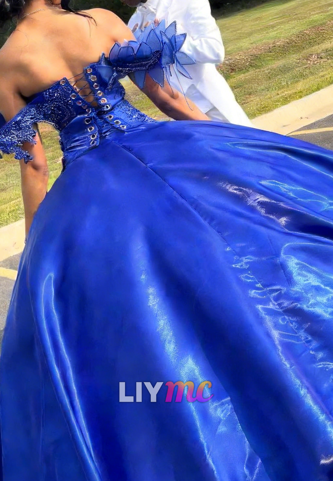 Princess Off-the-shoulder Long Ball Gown Royal Blue Satin Beaded Prom Dress