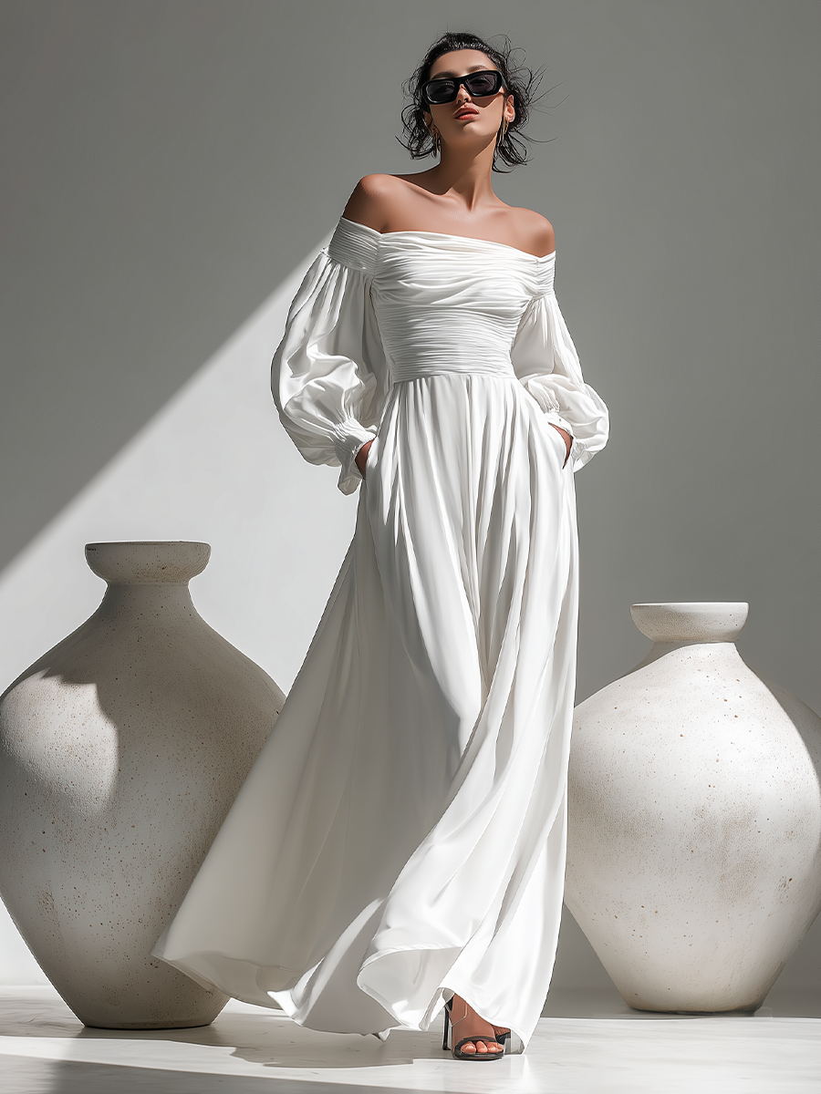 Women's White Chiffon Off-the-shoulder Long Dress With Puff Sleeves And Ruffles