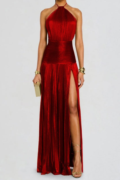 Charming Green Halter Sleeveless Backless Split Prom Dress with Pleated