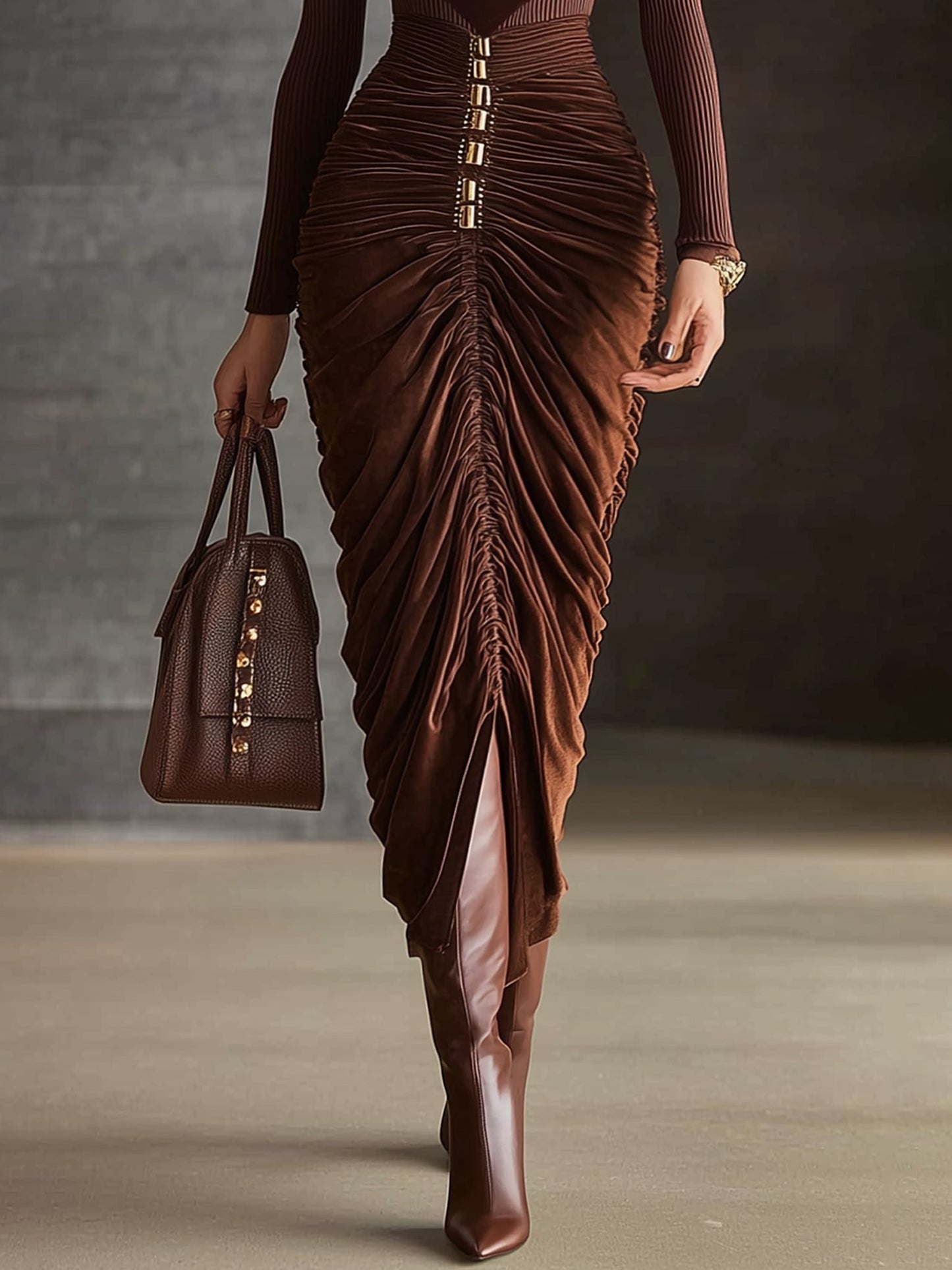 Brown Velvet Knit Ruched Turtleneck Long Sleeve Bodycon Dress