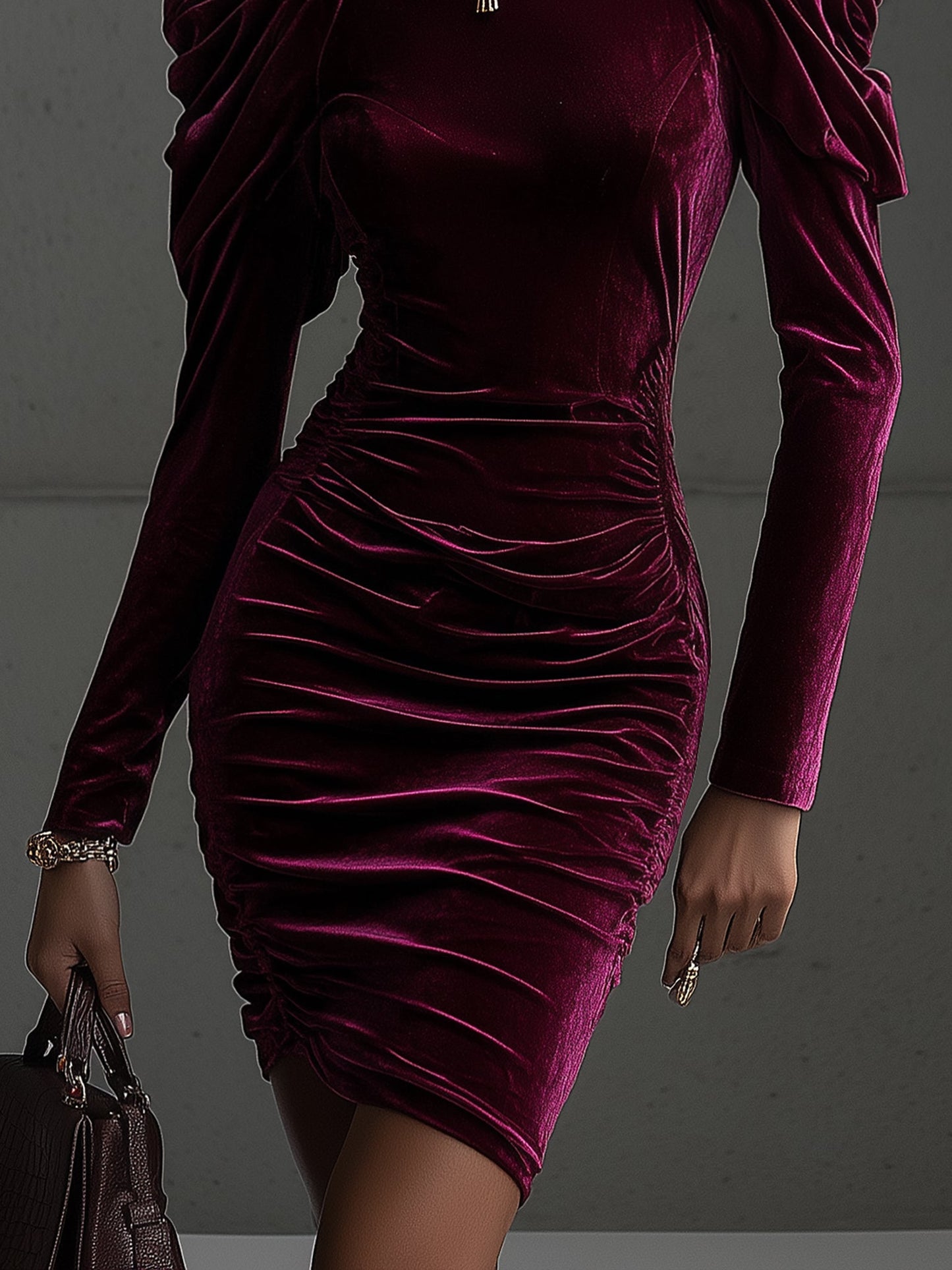 Burgundy Velvet Puff Shoulder Long Sleeve Bodycon Dress