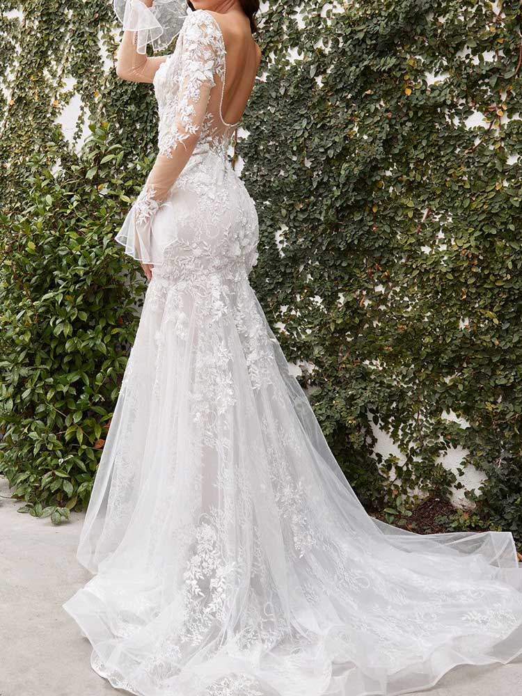 Wedding Flared Sleeves Backless Embroidered See-Through V-Neck Maxi Dresses