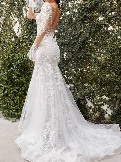 Wedding Flared Sleeves Backless Embroidered See-Through V-Neck Maxi Dresses