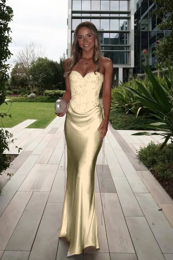 Satin Strapless Sleeveless Pleated Long Prom Mermaid Dress With Sequins