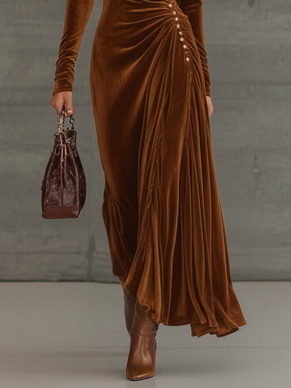 Caramel Velvet Maxi Dress With Button Details