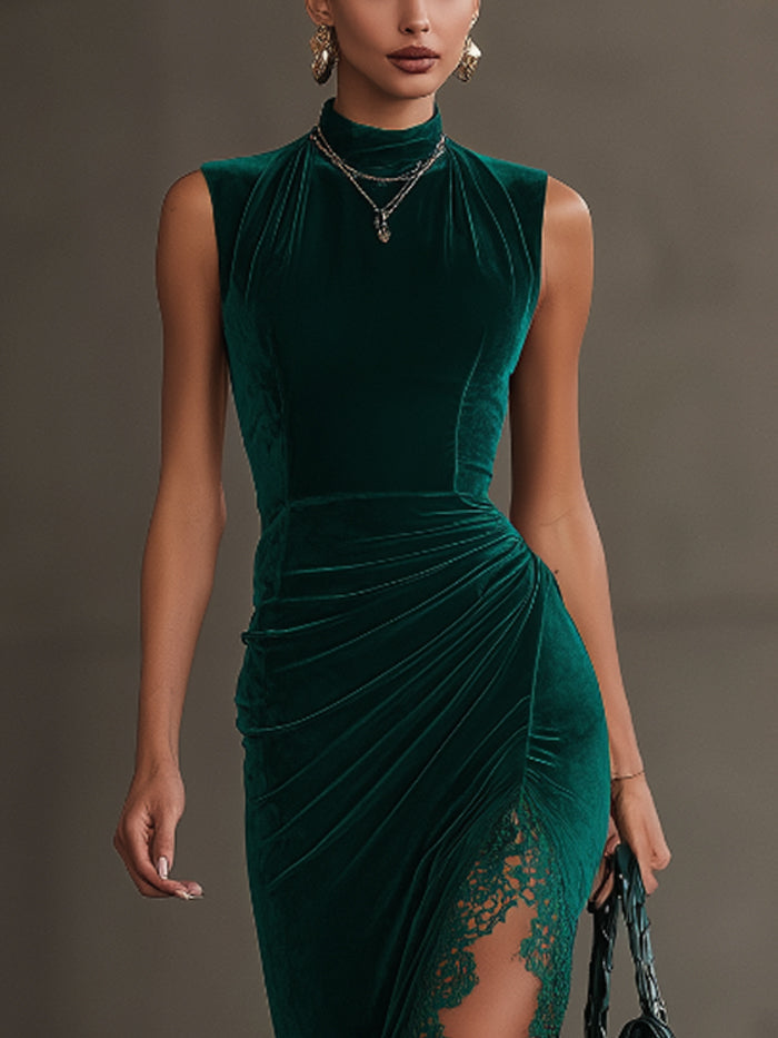 Green Velvet Lace-Trim High-Slit Maxi Dress