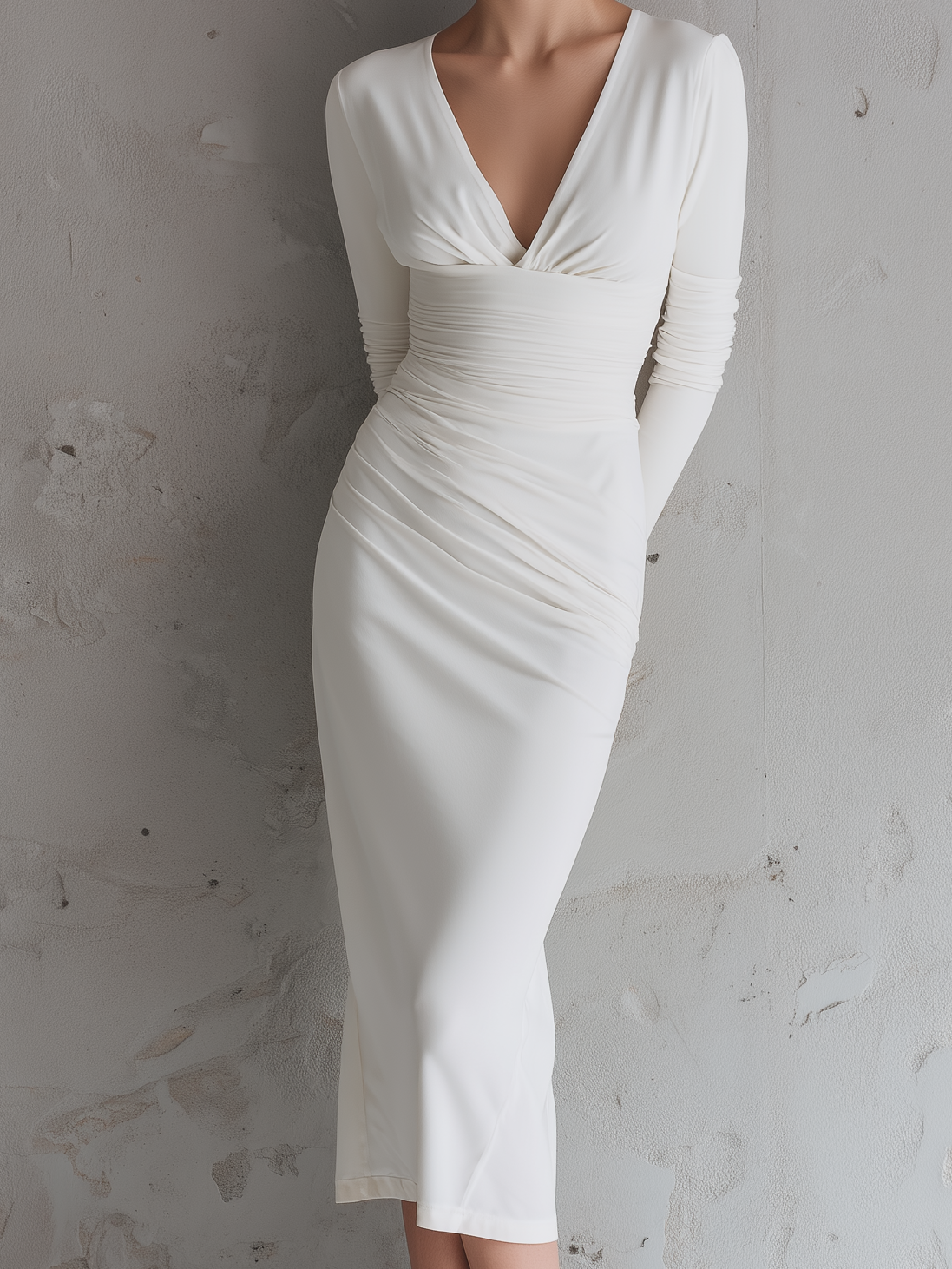 Women's Elegant White V-neck Knitted Stretch Slim-fit Long-sleeved Midi Dress