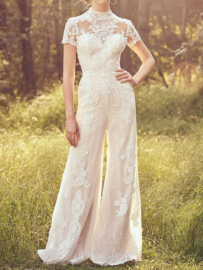 Stylish Round-Neck Embroidered See-Through Wide Leg White Jumpsuits