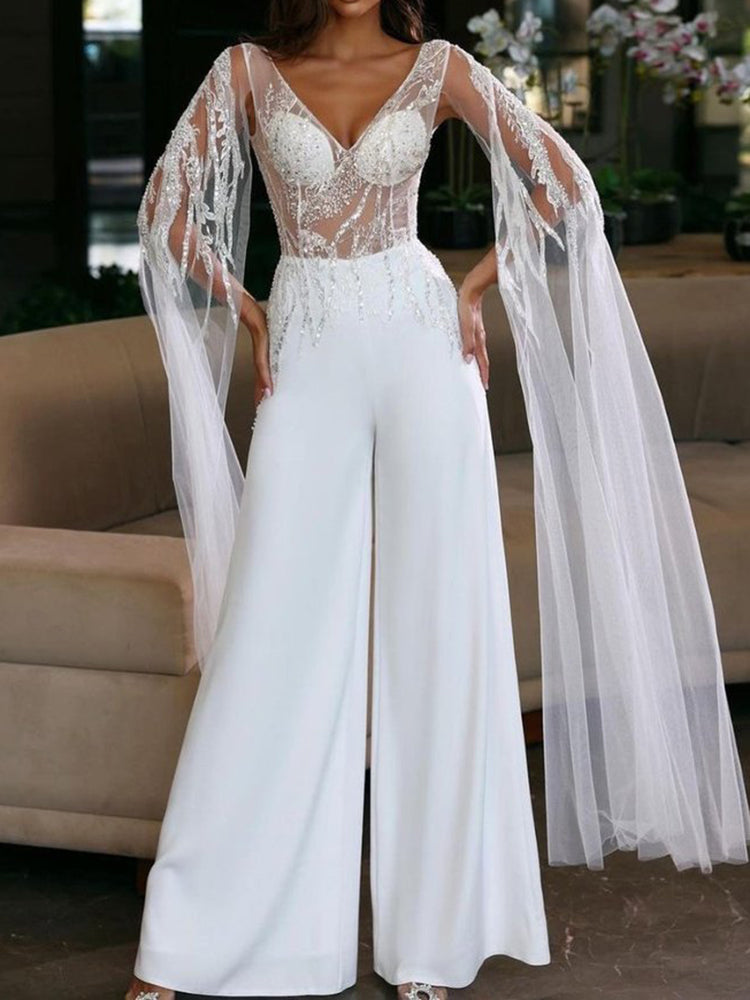 Party See-Through Long Sleeves V-Neck Embroidered Straight Leg Jumpsuits