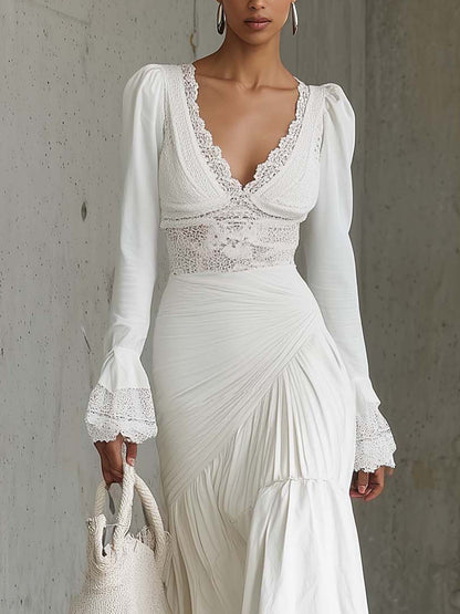 White Lace Patchwork Ruched Midi Dress