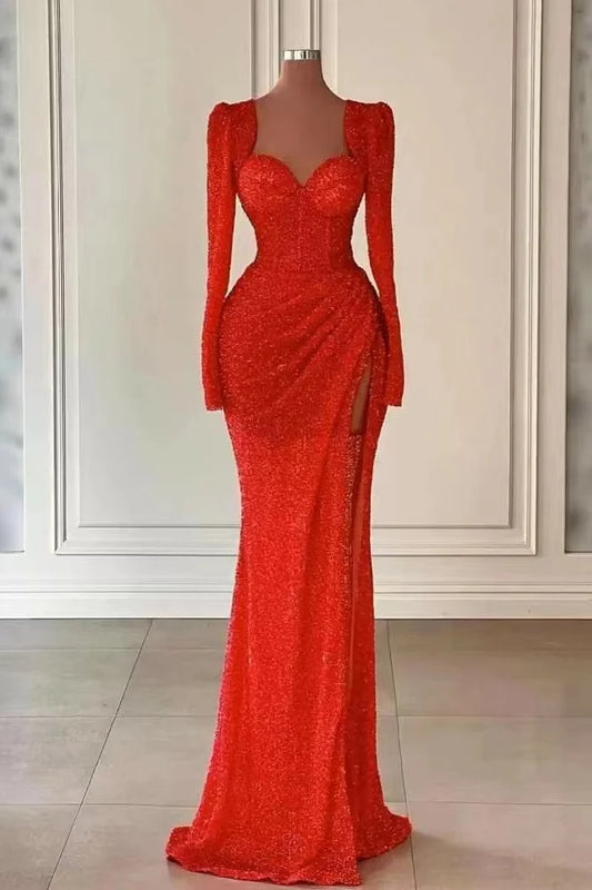 Red Long Sleeves Sweetheart Sequins Mermaid Evening Dress With Split