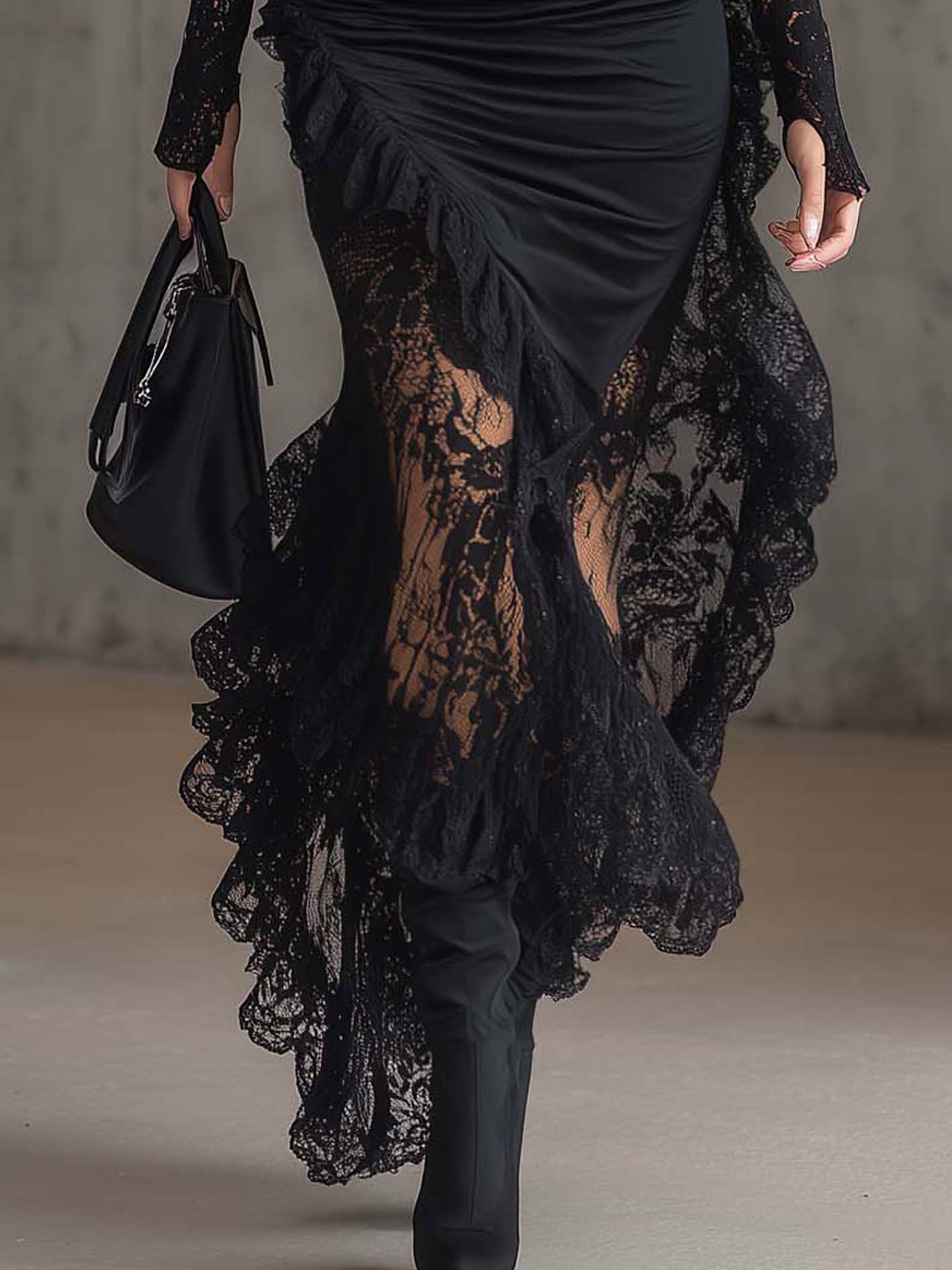 Black Satin Lace Patchwork Asymmetric Hem Bodycon Dress