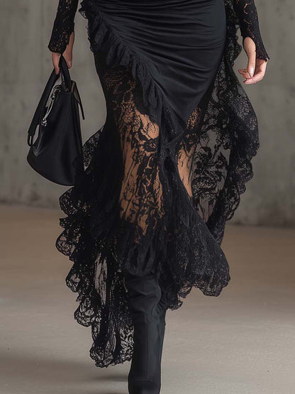 Black Satin Lace Patchwork Asymmetric Hem Bodycon Dress