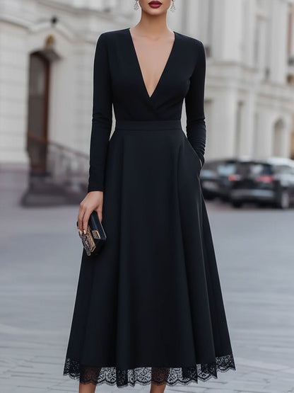 Elegant Black Deep V-Neck Lace-Trimmed Midi Dress