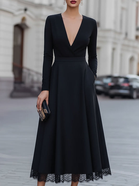 Elegant Black Deep V-Neck Lace-Trimmed Midi Dress
