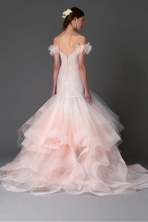 Lussooy Exqusite Tulle Off the Shoulder Blushing Pink Strapless Mermaid Prom Dress with Ruffles