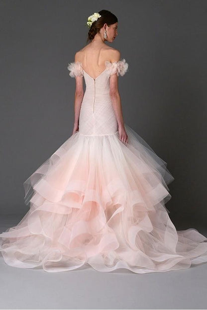 Lussooy Exqusite Tulle Off the Shoulder Blushing Pink Strapless Mermaid Prom Dress with Ruffles