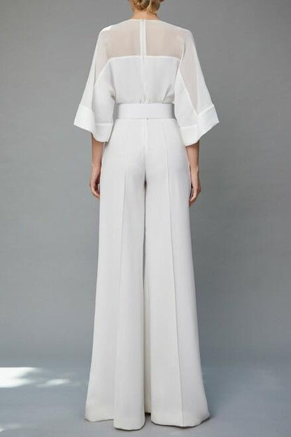 splice deep v neck tie up waist wide leg chiffon jumpsuit