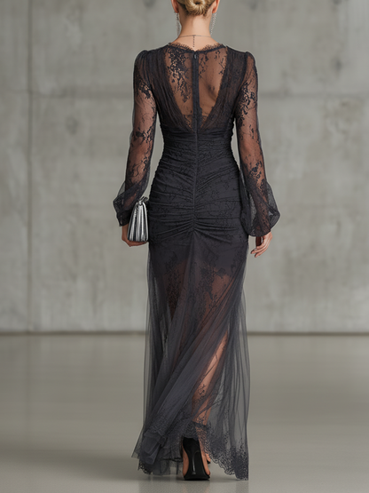 Black Lace Ruched Sheer Long Sleeve Slit Maxi Dress