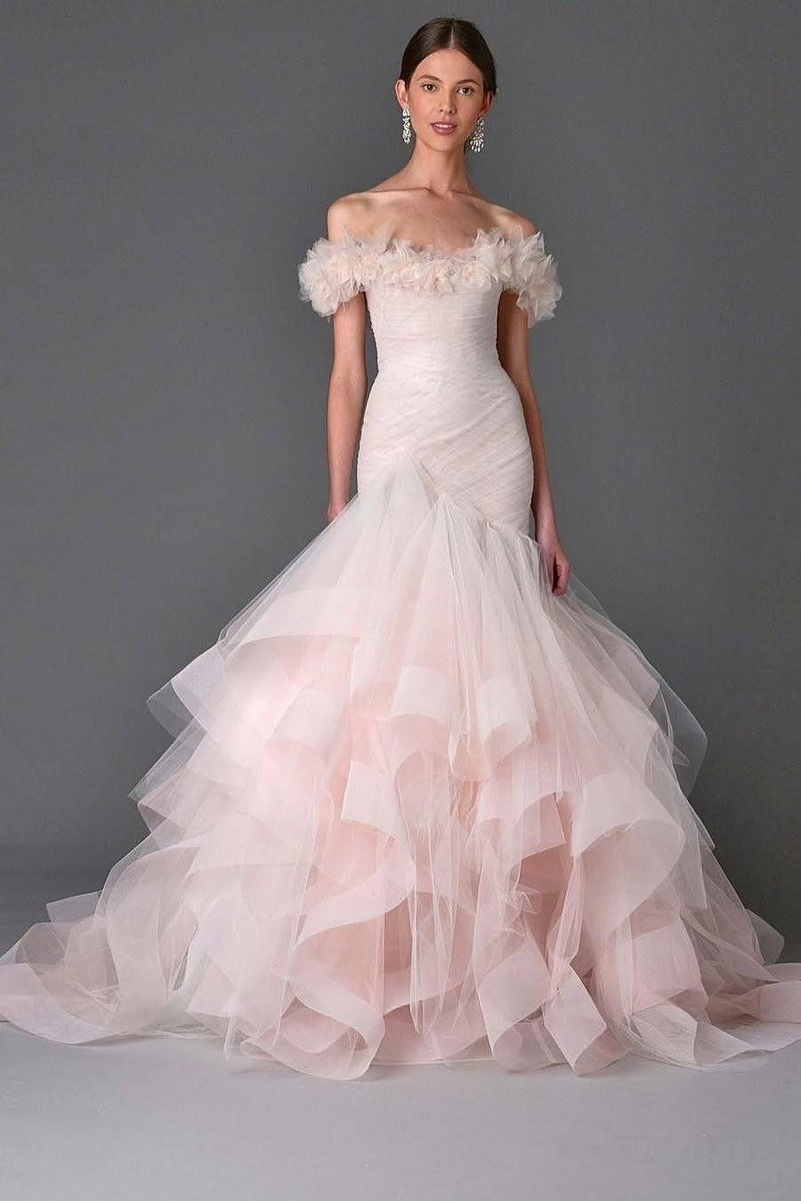 Lussooy Exqusite Tulle Off the Shoulder Blushing Pink Strapless Mermaid Prom Dress with Ruffles