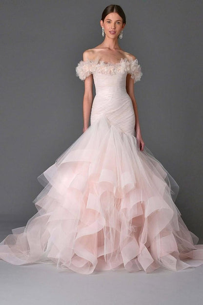 Lussooy Exqusite Tulle Off the Shoulder Blushing Pink Strapless Mermaid Prom Dress with Ruffles