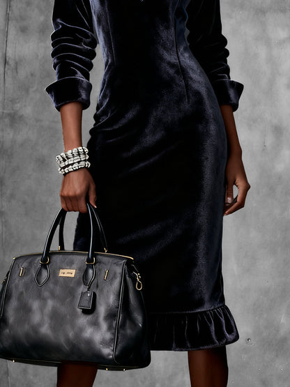 Navy Velvet Ruffle Hem Midi Bodycon Dress