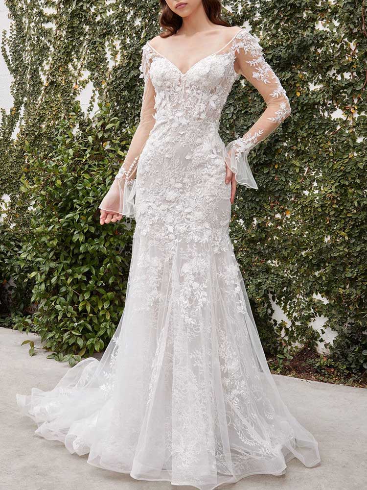 Wedding Flared Sleeves Backless Embroidered See-Through V-Neck Maxi Dresses