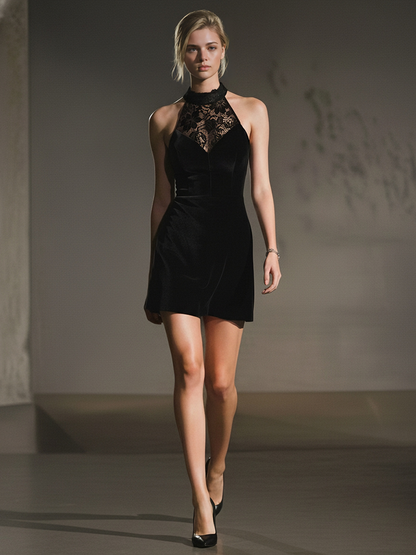 Women's Luxe Velvet & Lace Panel Black Halter Fitted Mini Dress