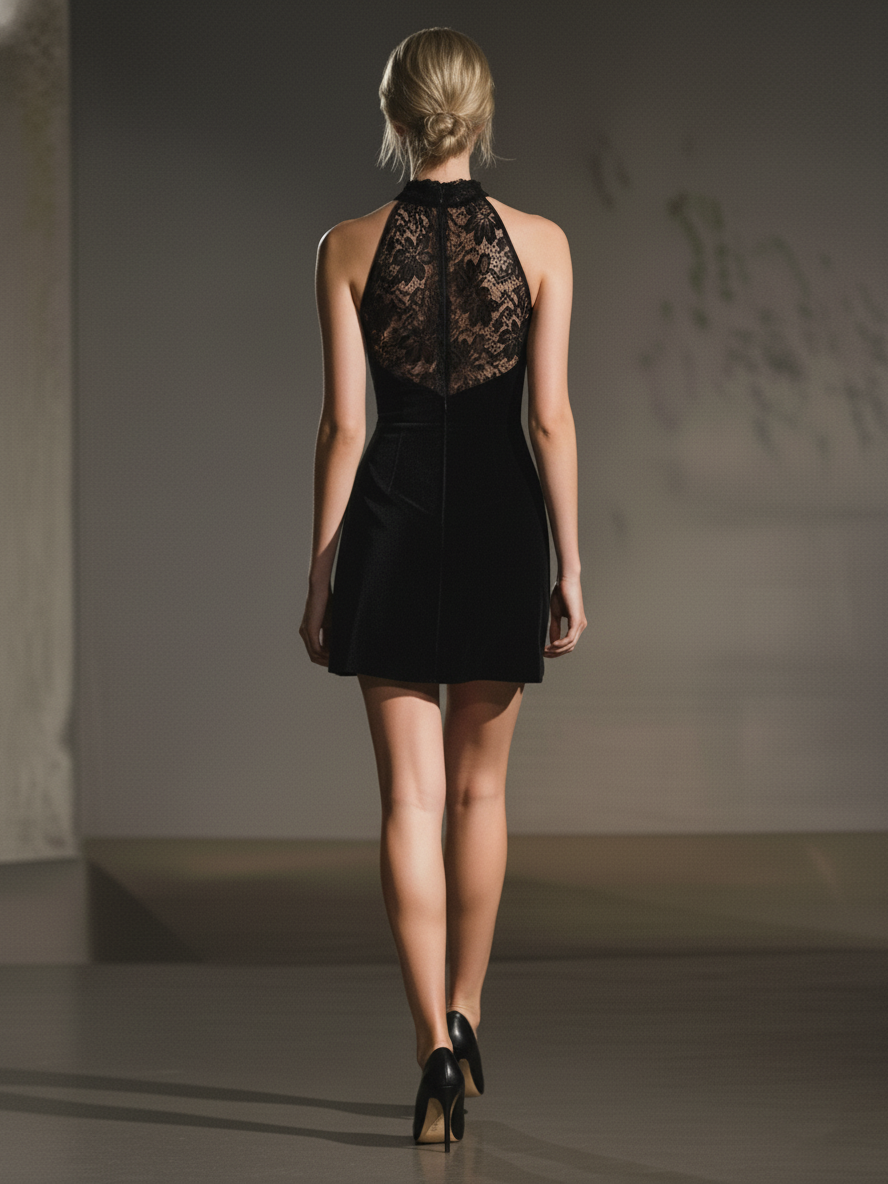 Women's Luxe Velvet & Lace Panel Black Halter Fitted Mini Dress