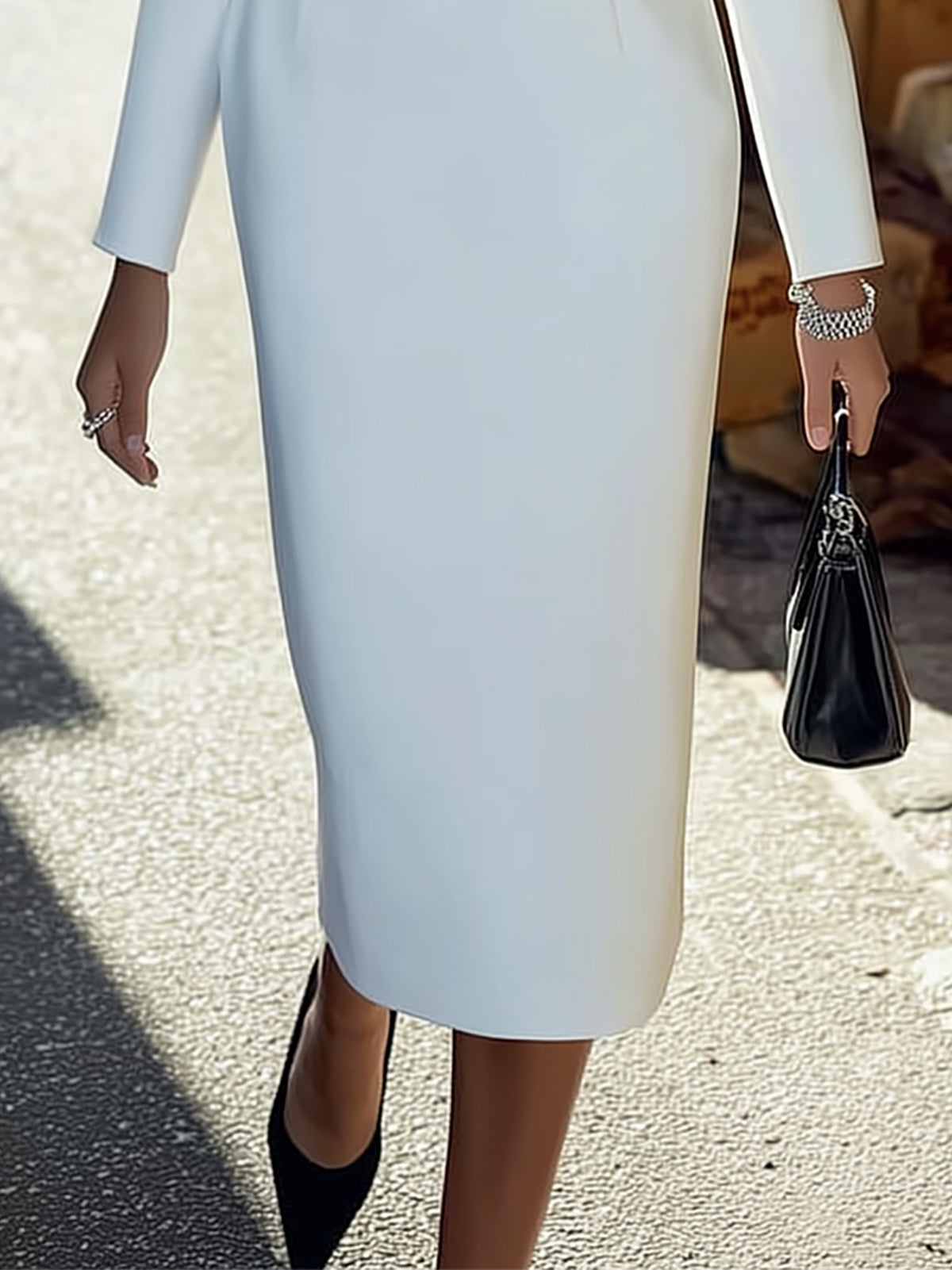 Elegant White Dress With Black Bow Collar Decor