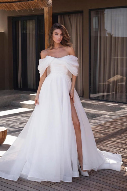White Off the Shoulder Strapless Sleeveless A Line Wedding Dress With High Split