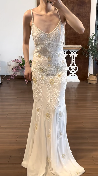 Beading White Vintage Prom Party Dress Evening Dress Birthday Outfit