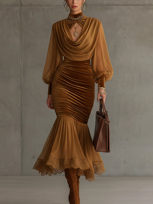 Bronze Velvet And Chiffon Lace Trim Dress