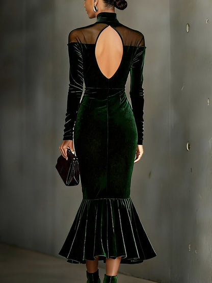 Green Velvet Backless Fishtail Bodycon Dress With Silver Buttons