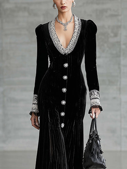 Black Velvet Button-Front Midi Dress