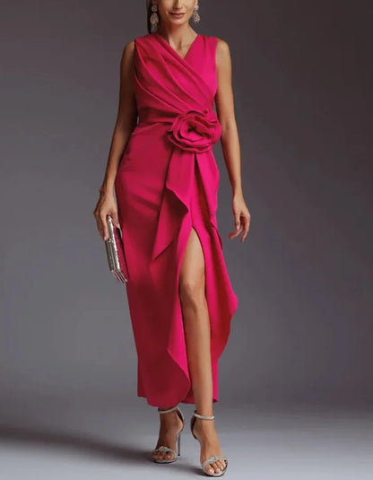 Sophisticated Satin Midi Dress with Draped Bodice and Floral Waist