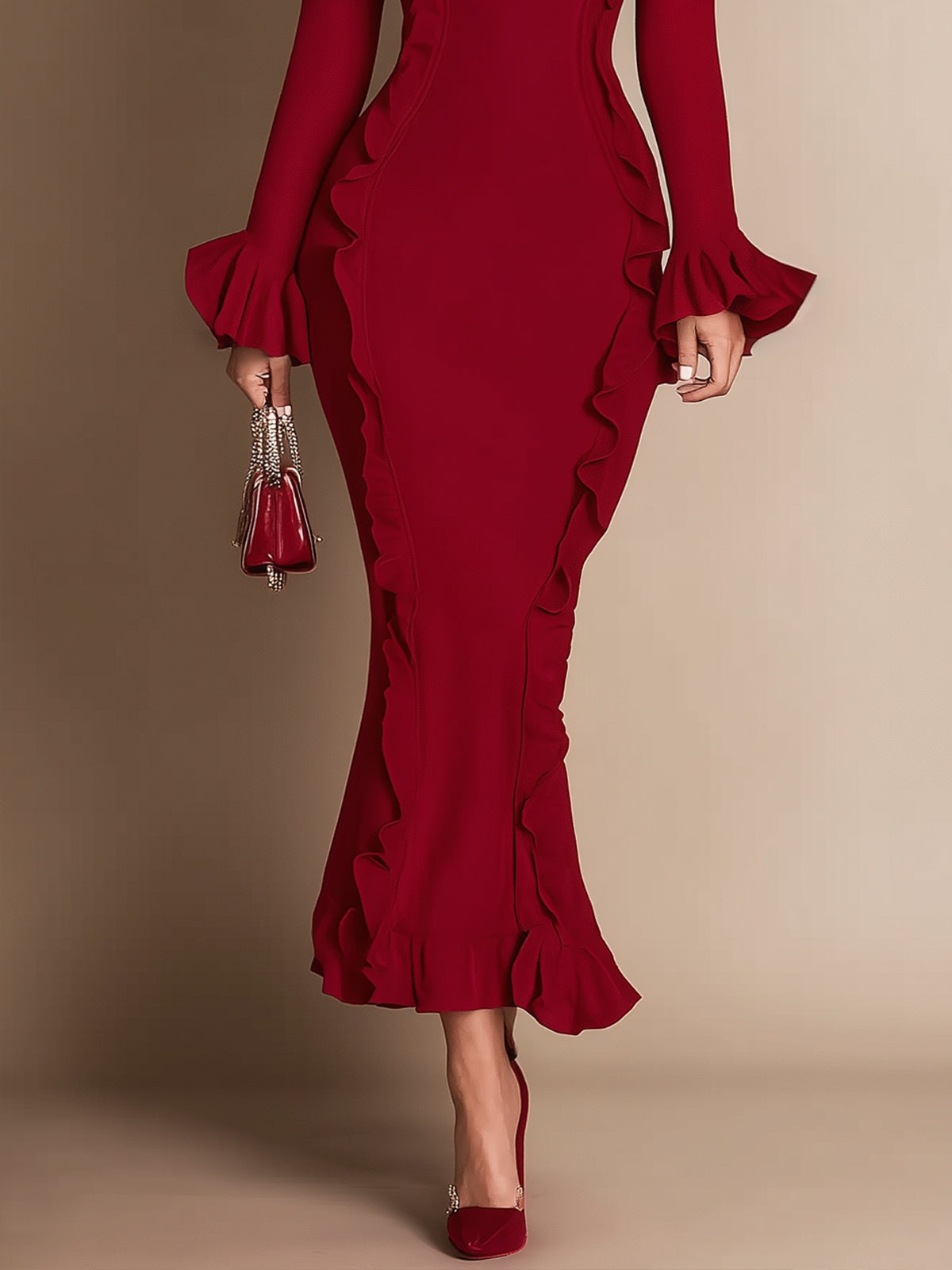 Knitted Chiffon Ruffled Fishtail Maxi Dress